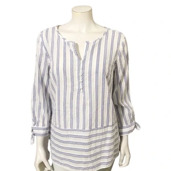 Liz Claiborne Tops - LIZ Claiborne Women's Blouse Knot Long Sleeve White Blue Stripe Button Up